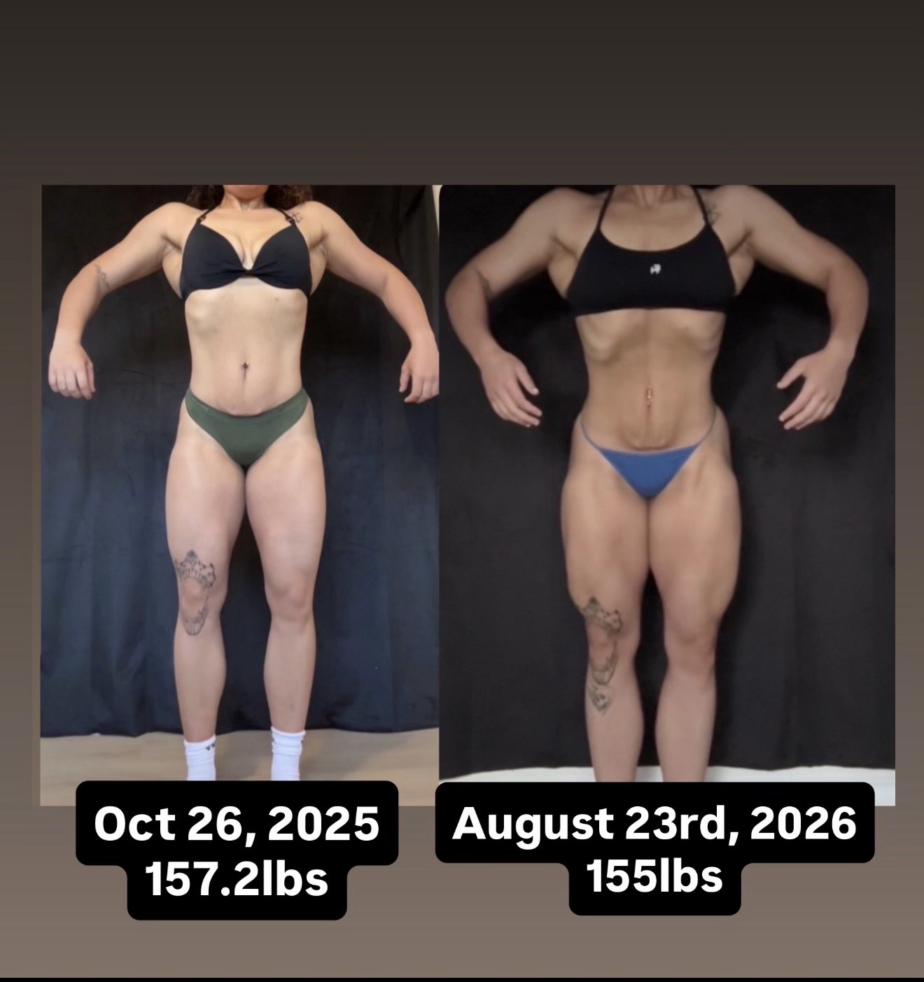 Women's physique transformation from October 2025 to August 2026