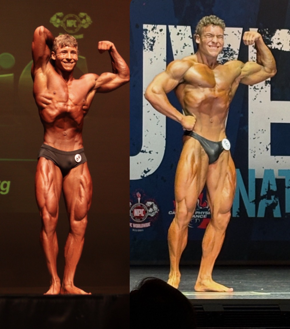 Lorenzo posing on a bodybuilding stage