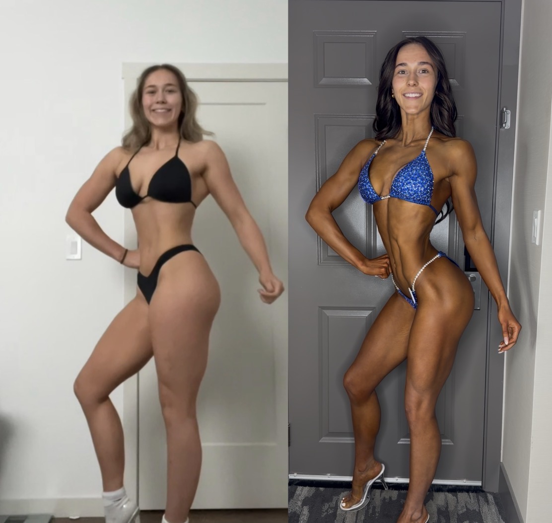 Women's bikini transformation from starting point to competition condition